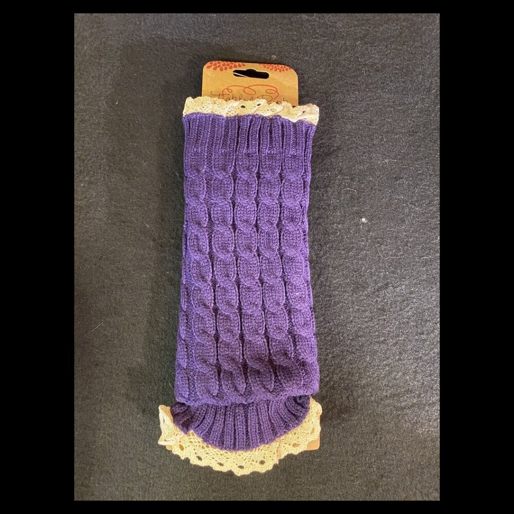 Tickled Pink Purple Cable Knit Lace Trim Boot Cuffs Leg Warmers